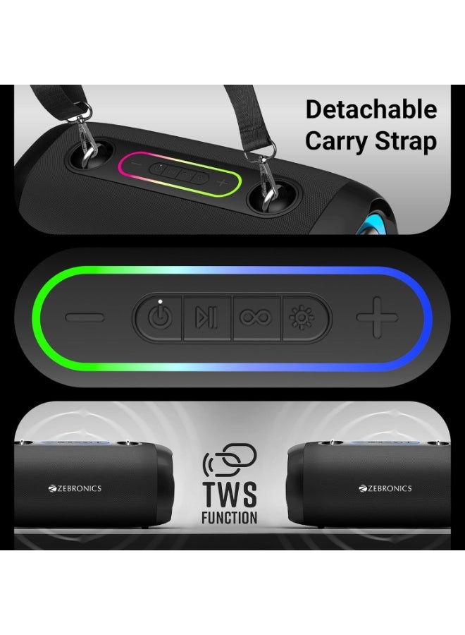 ZEBRONICS Sound Feast 85, Portable Bluetooth Speaker, 30 Watts, Upto 7 Hours Playback, Dual Passive Radiator, BTv5.3 | TWS | USB, RGB LED, Call Function, Carry Strap, Deep Bass (Black) - Image 5